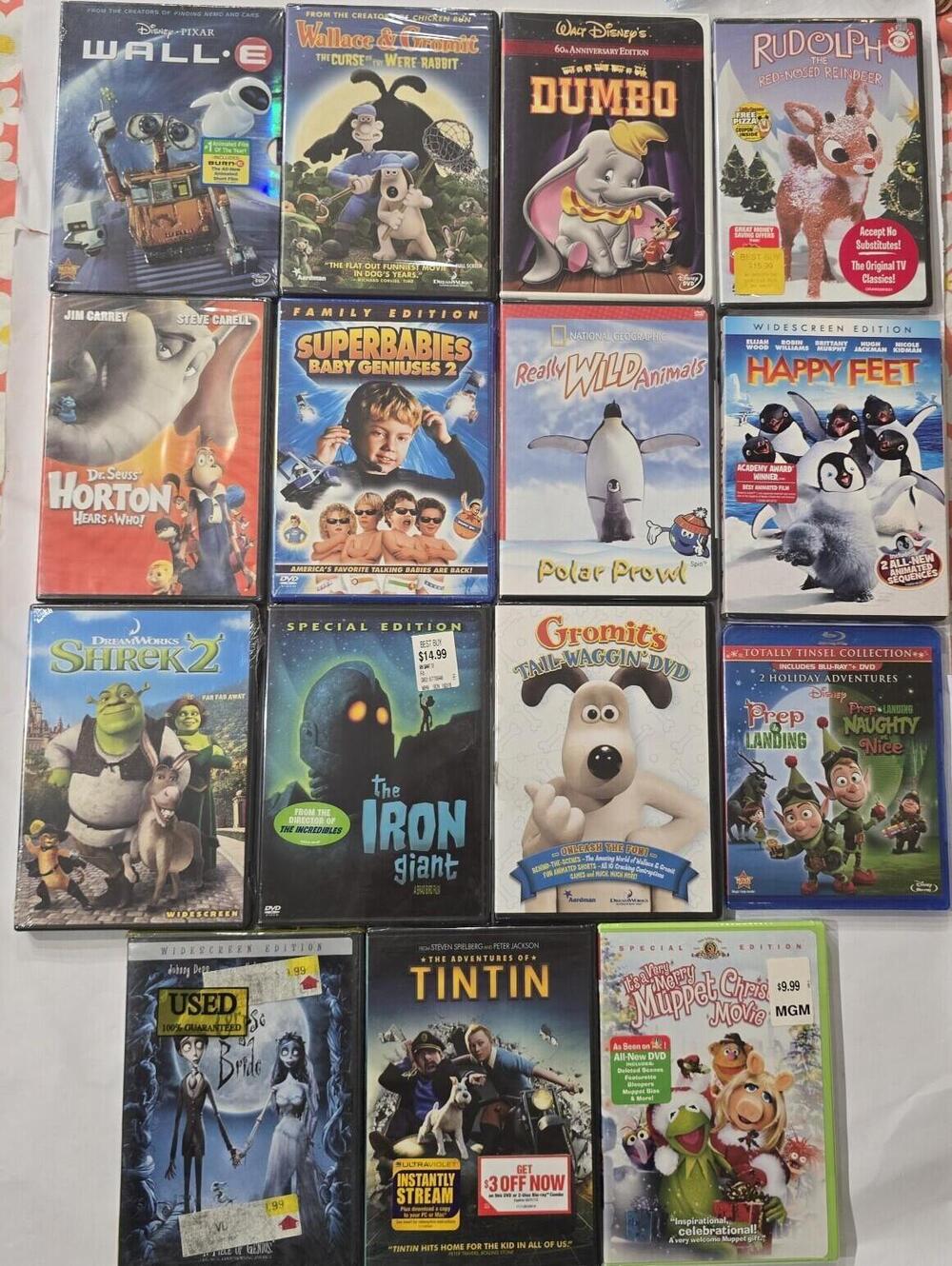Lot 15 Sealed Family Kids DVDs Disney Pixar Shrek Wall-E Iron Giant Bundle Movie